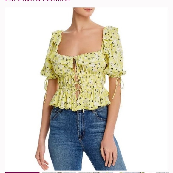 Worn once. For Love & Lemons Puff Sleeve Chrysanthemum Crop Top Yellow Women's - Picture 2 of 2